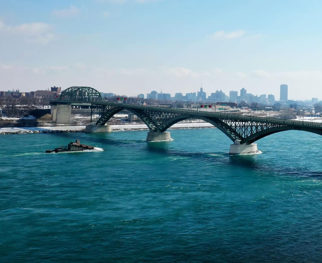 Aerial of the Peace Bridge between Fort Erie